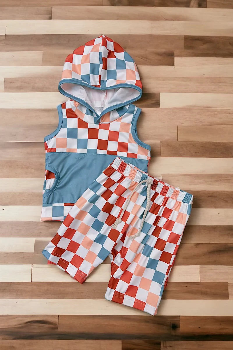 Checker Print Hoodie Tank Two Piece Set