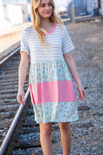 Load image into Gallery viewer, Floral and Stripe Color Block Fit and Flare Rib Dress
