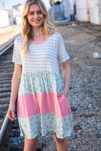 Load image into Gallery viewer, Floral and Stripe Color Block Fit and Flare Rib Dress
