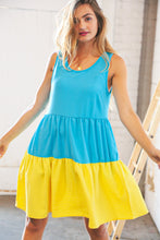 Load image into Gallery viewer, Blue Flare Color Block Tiered Woven Dress
