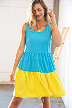 Load image into Gallery viewer, Blue Flare Color Block Tiered Woven Dress
