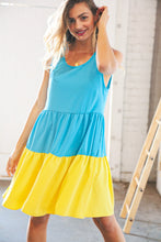 Load image into Gallery viewer, Blue Flare Color Block Tiered Woven Dress
