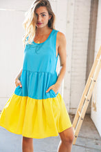 Load image into Gallery viewer, Blue Flare Color Block Tiered Woven Dress
