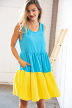 Load image into Gallery viewer, Blue Flare Color Block Tiered Woven Dress
