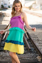 Load image into Gallery viewer, Fuchsia Shoulder Strap Color Block Tiered Ruffle Dress
