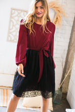 Load image into Gallery viewer, Maroon &amp; Black Lace Overlay Sash Tie Dress
