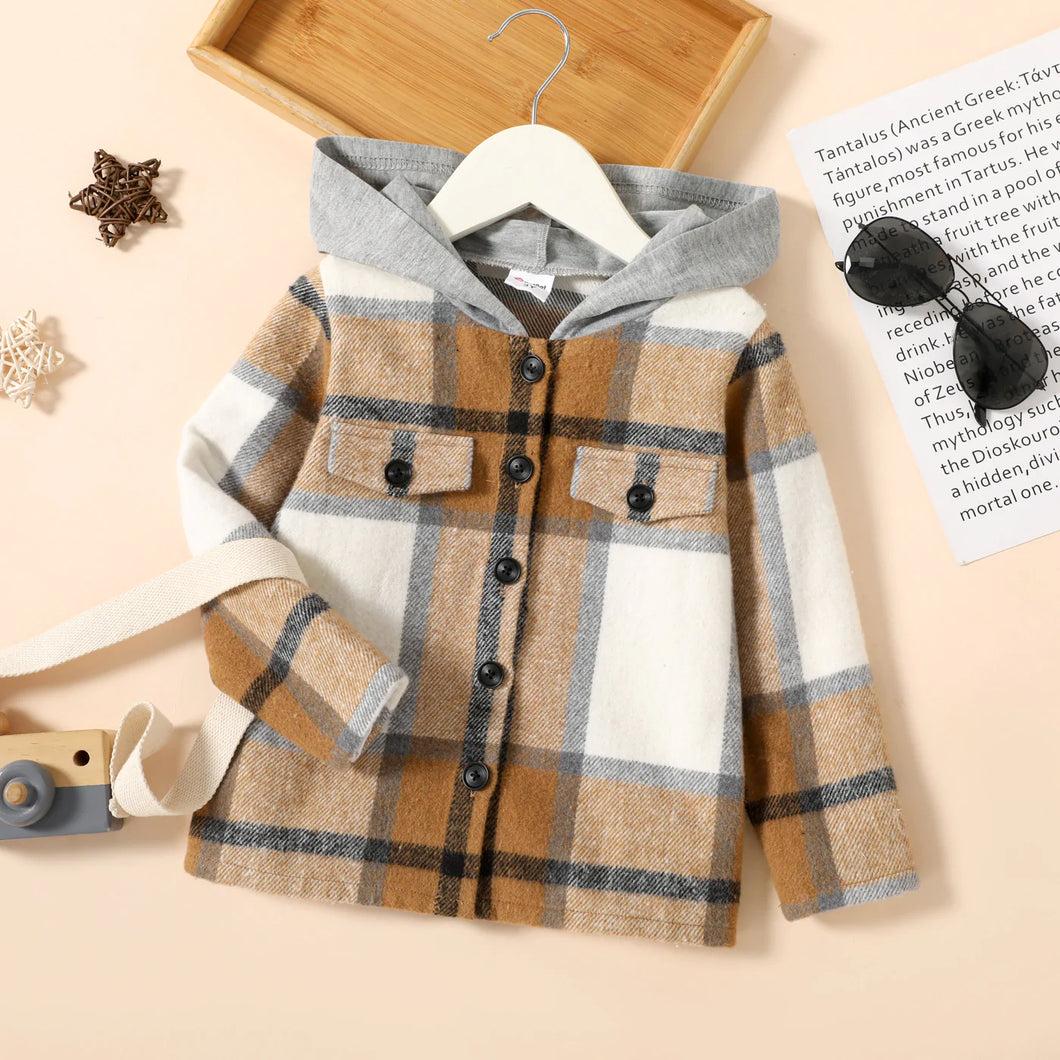 Brown Plaid Hooded Button-Down Jacket