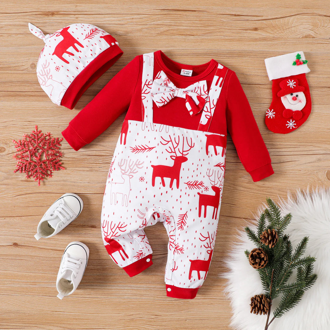 Deer Print Long-sleeve Jumpsuit with Hat