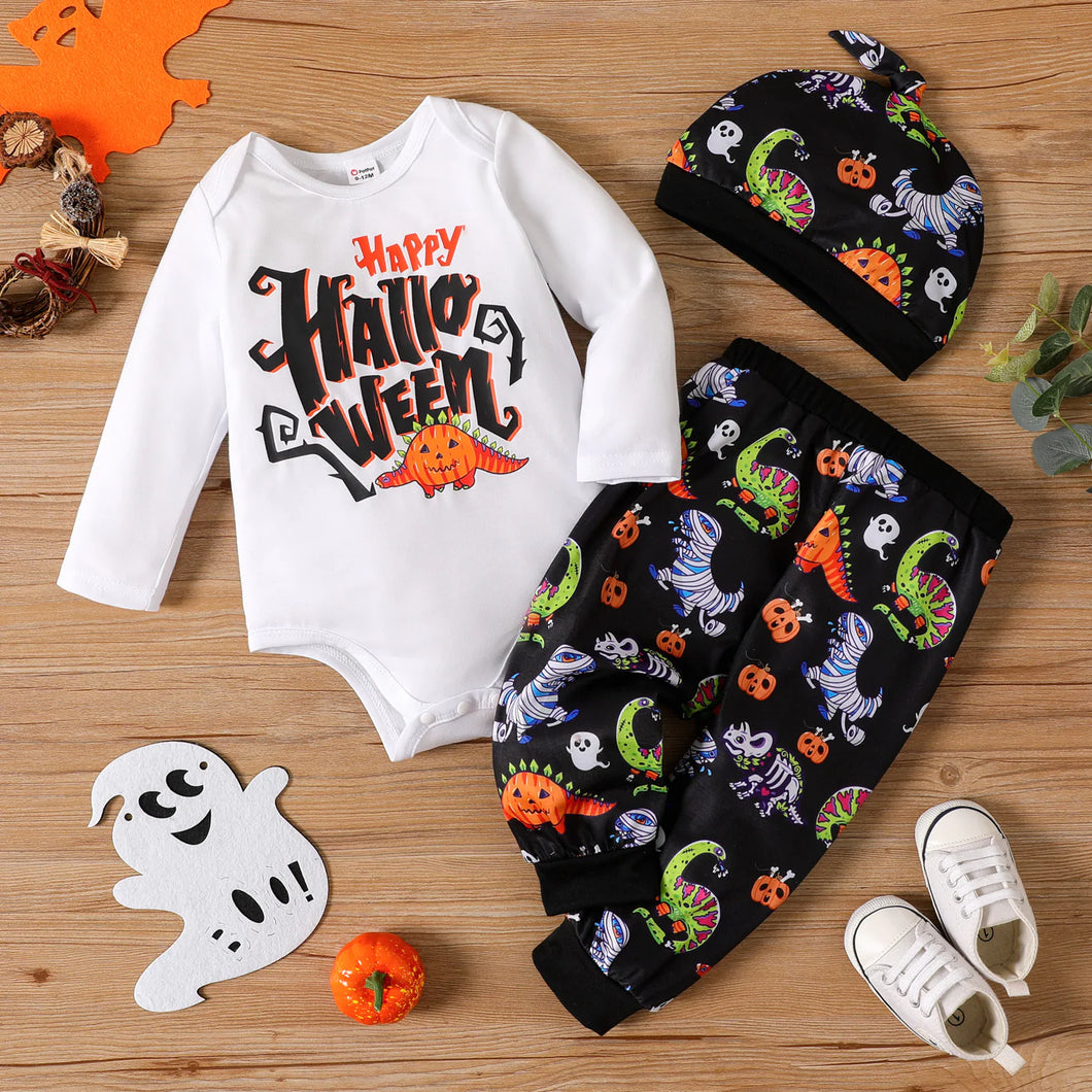 Happy Halloween Long-sleeve Onesie and Dinosaur Pants with Hat