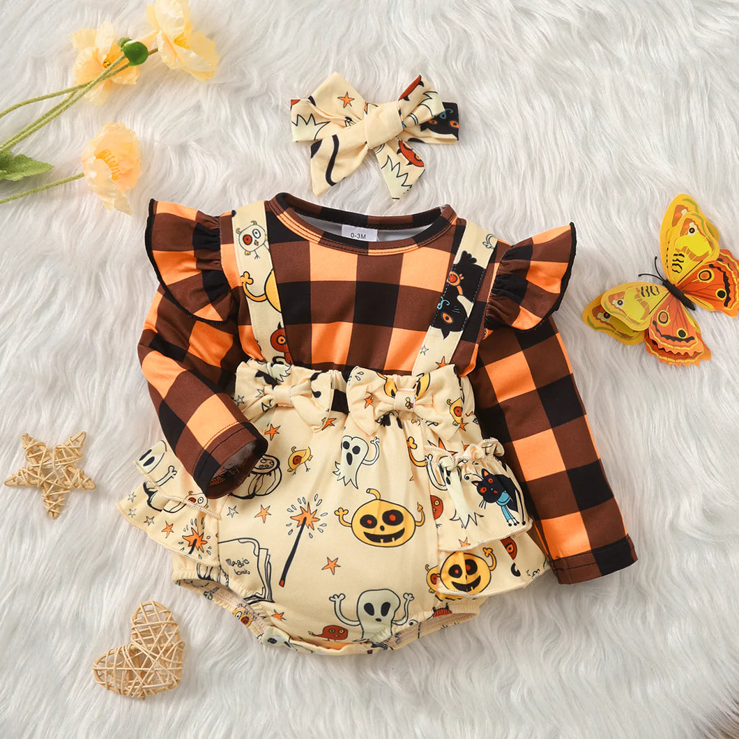 Vintage Halloween Ruffle Romper with Headband Set