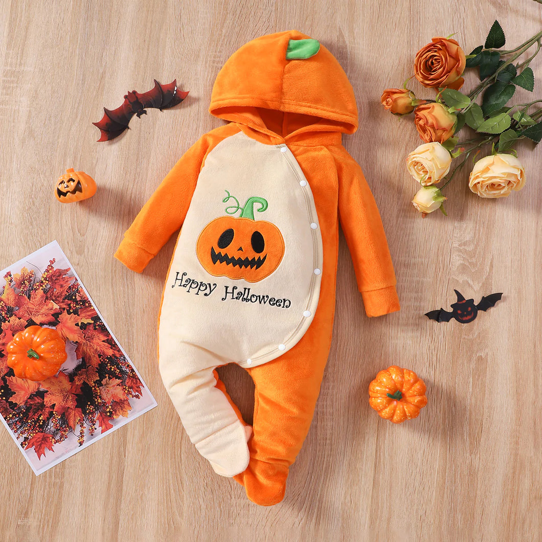 Pumpkin Long-sleeve Hooded Flannel Jumpsuit