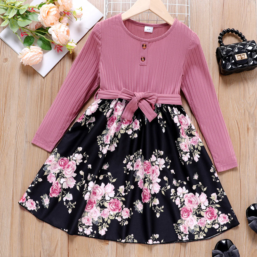 Rose Print Long-Sleeve Dress