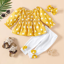 Load image into Gallery viewer, Yellow Polka Dot Blouse and Leggings with Headband Set
